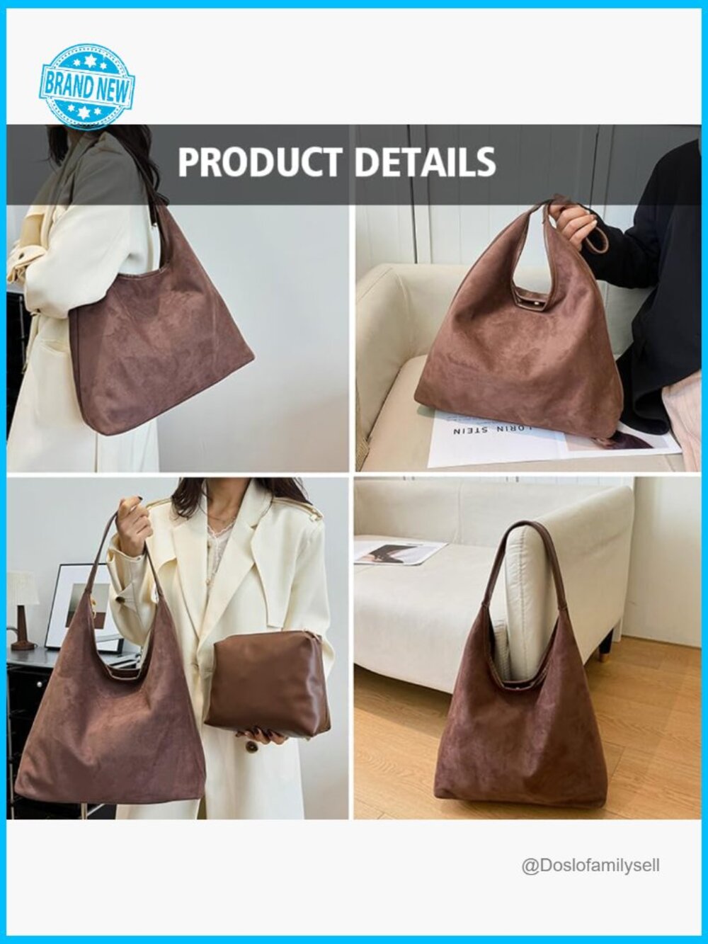 Faux Suede Tote Bag Large Capacity Hobo Shoulder Bag Everyday Work Travel - Picture 2 of 7